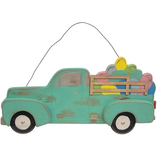 Distressed Hanging Teal Wooden Easter Egg Truck