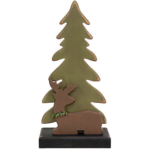 Wooden Pine Tree & Reindeer on Base