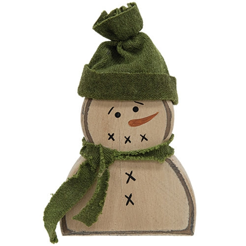 Wooden Primitive Snowman Sitter w/Green Hat & Scarf