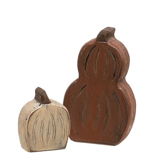 2/Set Mini Engraved Distressed Wooden Pumpkin & Gourd Sitter