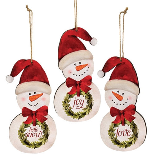 Hello Snowman w/Wreath Ornament 3 Asstd.