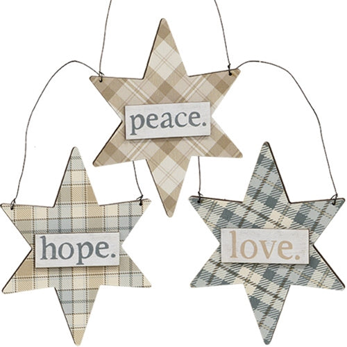 Love Hope Peace Plaid Star Ornament 3 Asstd.