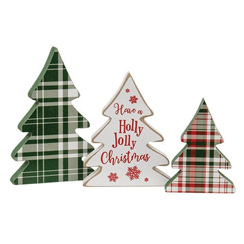 3/Set Wooden Holly Jolly Plaid Christmas Trees