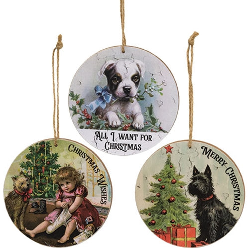 Christmas Wishes Vintage Dog Ornament 3 Asstd.