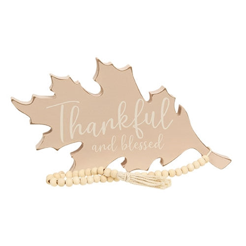 Thankful and Blessed Beige Wooden Leaf Sitter w/Beads