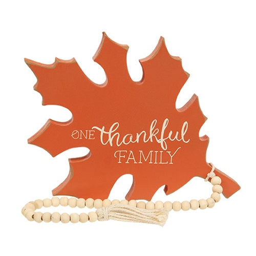 One Thankful Family Orange Wooden Leaf Sitter w/Beads