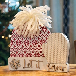 2/Set Let It Snow Wooden Hat & Mitten Sitters