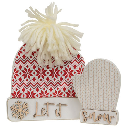 2/Set Let It Snow Wooden Hat & Mitten Sitters