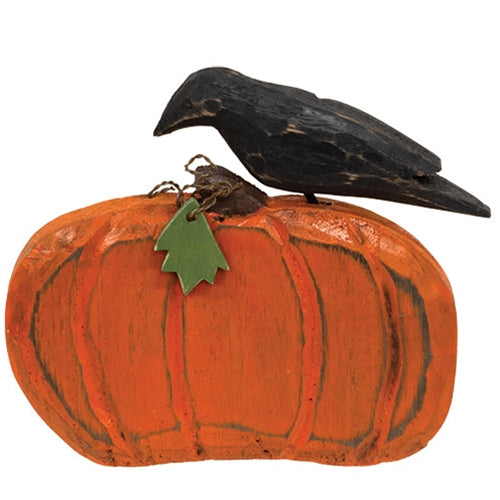 Distressed Carved Wooden Crow on Pumpkin