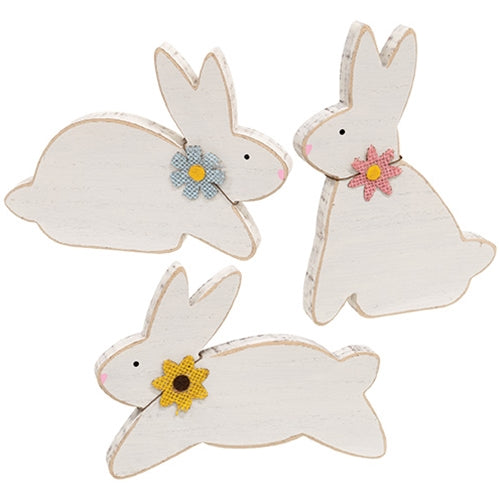 Distressed White Wood Flower Bunny - 3 Asstd.