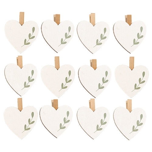 12/Set - Wooden Leaf Sprig Heart Clips