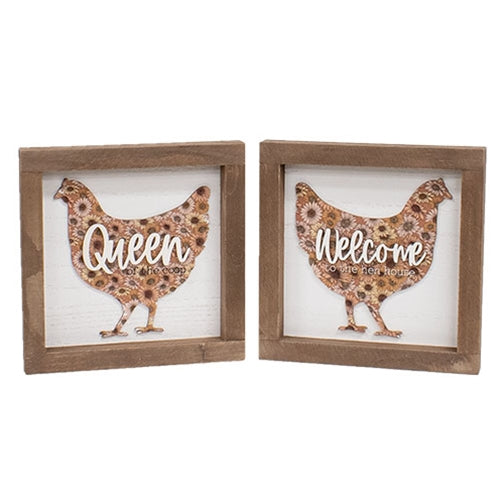 Welcome Queen Floral Chicken Framed Sign - 2 Asstd.