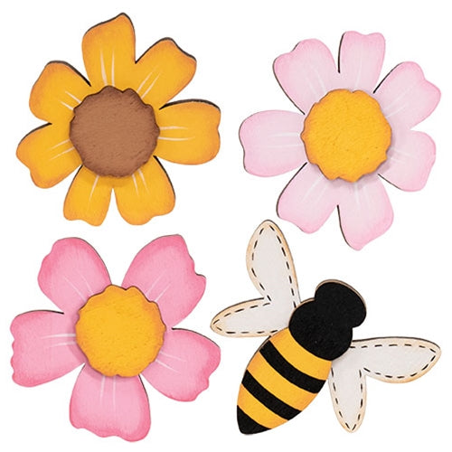 4/Set - Flowers & Bee Wooden Magnet