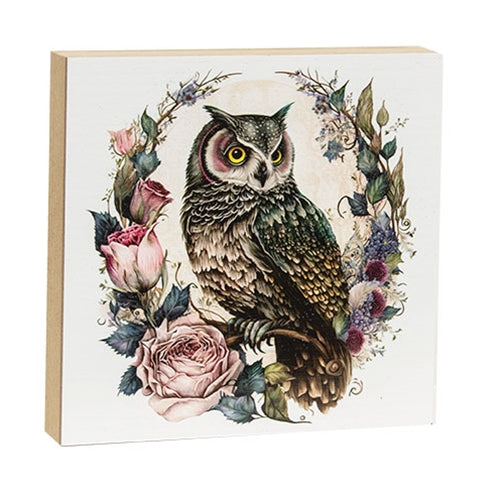 Moonlit Owl In Floral Wreath Square Block