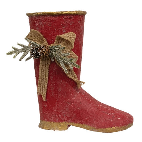 Distressed Red Metal Boot w/Burlap Bow & Pine