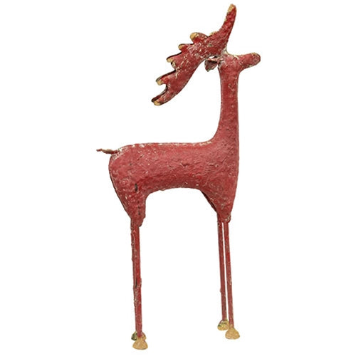 Distressed Red & Gold Painted Metal Standing Deer