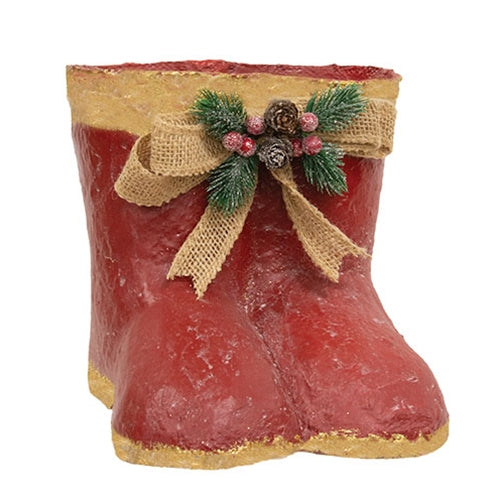 Distressed Red & Gold Painted Metal Santa Boot Pair