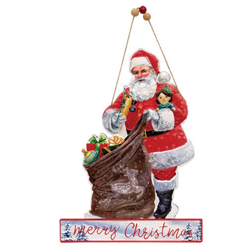 Merry Christmas Vintage Santa & His Sack Distressed Metal Hanger