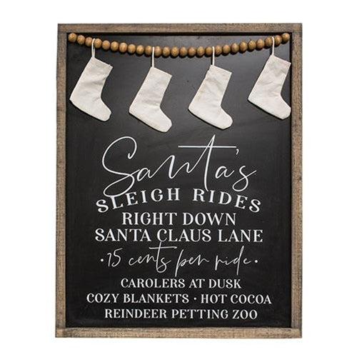 Santa's Sleigh Rides Stocking Beaded Wood Sign