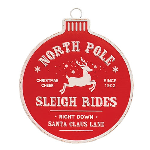 North Pole Sleigh Rides Christmas Bulb Metal Sign