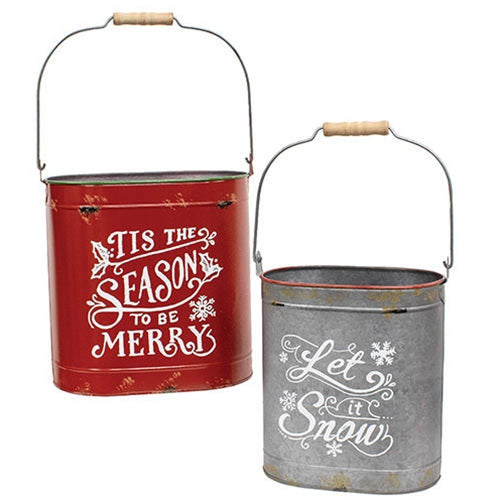 2/Set Tis the Season & Let It Snow Distressed Oval Metal Buckets