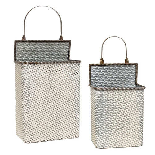 2/Set White Washed Basketweave Metal Rectangle Wall Baskets