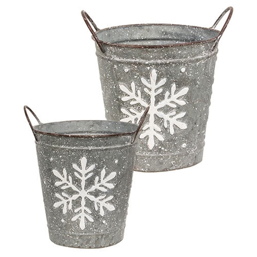 2/Set White Washed Snowflake Embossed Metal Buckets