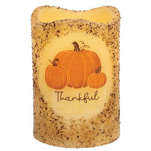 Burnt Ivory Thankful Pumpkins Timer Pillar 4"