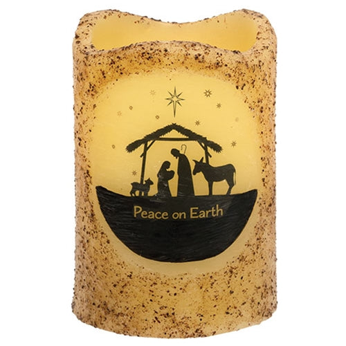 Burnt Ivory Peace on Earth Nativity Timer Pillar 4"