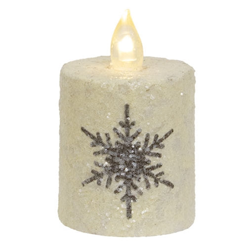 Glitter Snowflake Flicker Flame Timer Pillar 2.25" x 2.5"