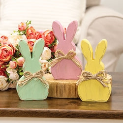 Distressed Chunky Wooden Pastel Bunny Sitter w/Raffia Bow - 3 Asstd.