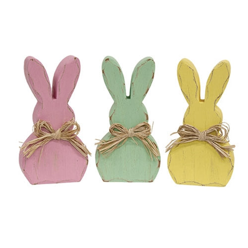 Distressed Chunky Wooden Pastel Bunny Sitter w/Raffia Bow - 3 Asstd.