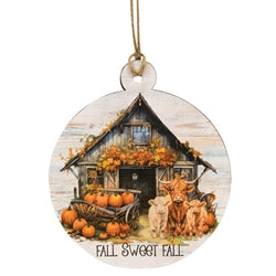 Sweet Fall Highland Barn Round Wooden Ornament 3 Asstd.