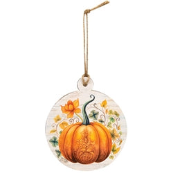 Floral Pumpkin Round Wooden Ornament 3 Asstd.