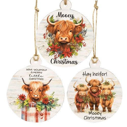 Mooey Christmas Round Wooden Ornament 3 Asstd.