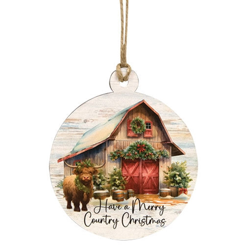 Have A Merry Country Christmas Highland Barn Round Wooden Ornament