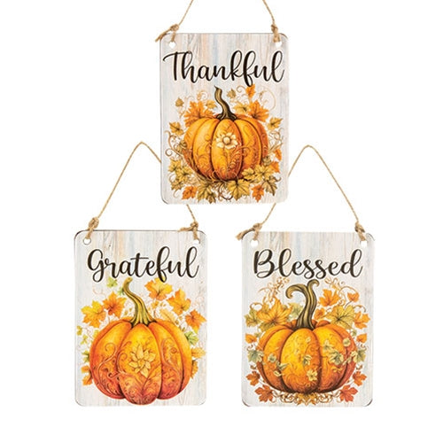 Thankful Grateful Blessed Floral Pumpkin Rectangle Ornament 3 Asstd.