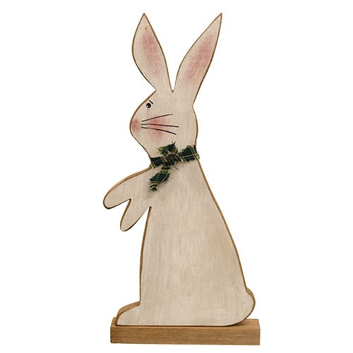 Distressed Standing Wooden Bunny w/ Green & White Scarf on Base