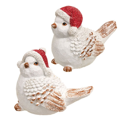 Distressed White Resin Bird w/Santa Hat 2 Asstd.