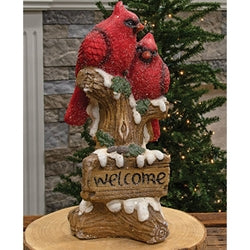 Resin Snowy Cardinal Pair w/Welcome Sign 15.5"H