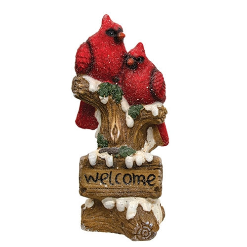 Resin Snowy Cardinal Pair w/Welcome Sign 15.5"H