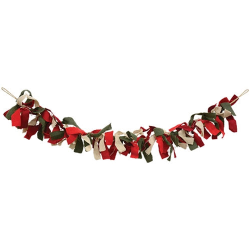 Primitive Red Green & White Rag Garland