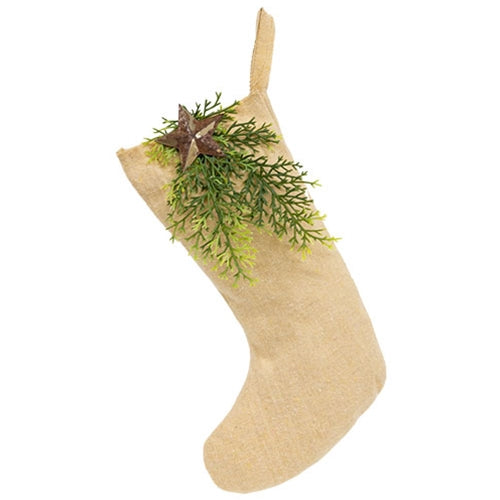 Natural Fabric Stocking w/Winter Greenery and Rusty Star