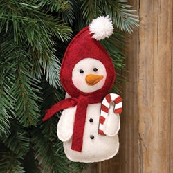 Stuffed Felt Hoodie Snowman w/Candy Cane Ornament