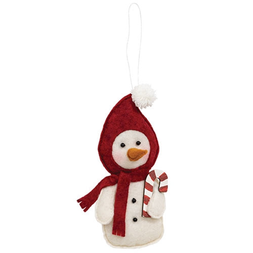 Stuffed Felt Hoodie Snowman w/Candy Cane Ornament