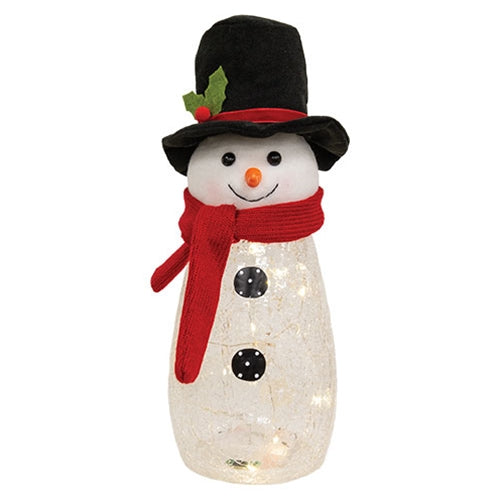 Light Up Snowy Crackled Glass Top Hat Snowman