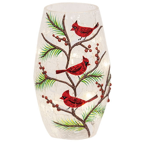 Light Up Crackled Cardinal Trio on Branches Vase