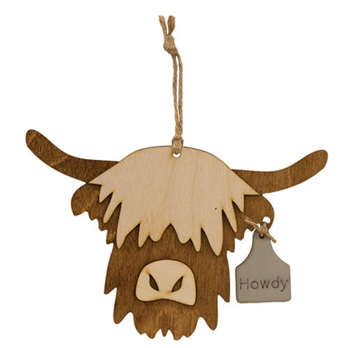 Wooden Howdy Highland Ornament