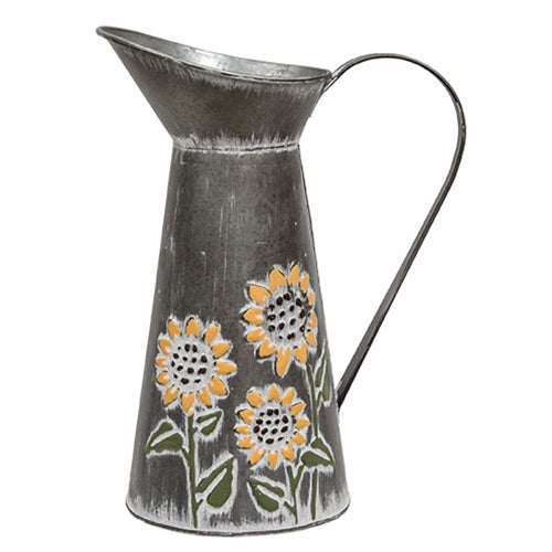 Distressed Sunflower Embossed Metal Pitcher