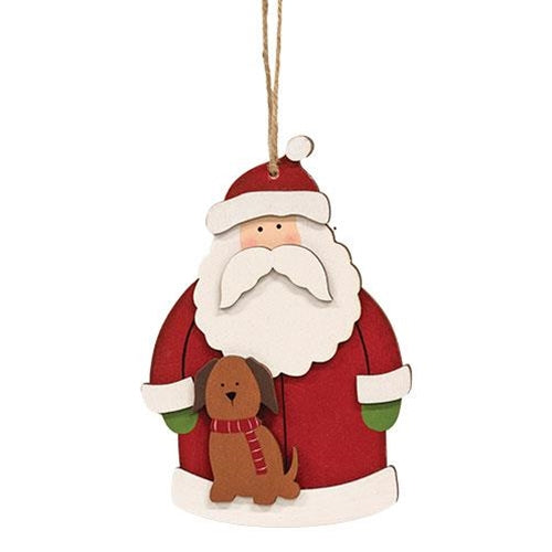 Santa With Dog Wooden Ornament